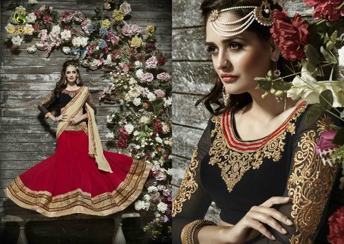 Fancy Designer Party Wear Lehenga - Georgette & Jacquard with Embroidery, Black & Red Color, Full Sleeve, Washable, Ideal for All Seasons