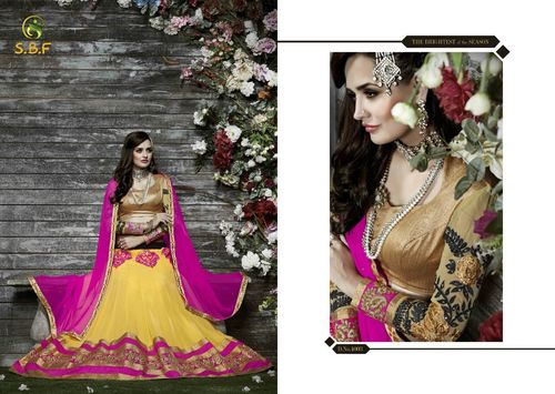 Exclusive Fancy Designer Party Wear Lehenga - Georgette With Work Inner, Yellow and Pink Embroidered Pattern, Full Sleeves, Dry Clean Only