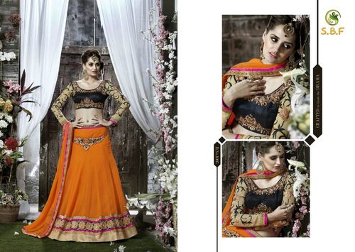 Fashion Designer Exclusive Fancy Lehenga - Jacquard & Bangalori Lehenga With Georgette Inner, Orange & Black, All Season | Dry Clean Only, No Fade, Washable
