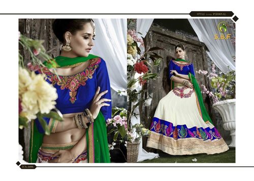 Latest Fancy Designer Party Wear Lehenga - Jacquard & Bangalori with Work, Full Sleeves, Embroidered Georgette, Blue and White Color, All Season