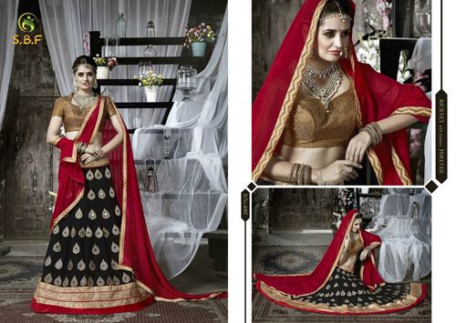 Party Wear Designer Latest Fancy Lehenga - Georgette & Jacquard Material, Black, Red & Golden with Embroidered Details | Short Sleeves, Washable, Ideal for All Seasons
