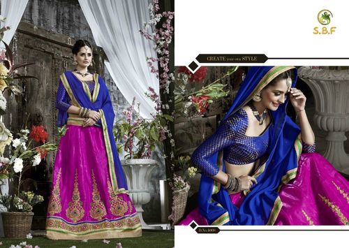 Stylish Designer Party Wear Fancy Lehenga - Fancy Jacquard & Bangalori With Work Lehenga, Georgette Inner & Dupatta in Blue and Pink | Full Sleeves, Embroidered Pattern, Washable