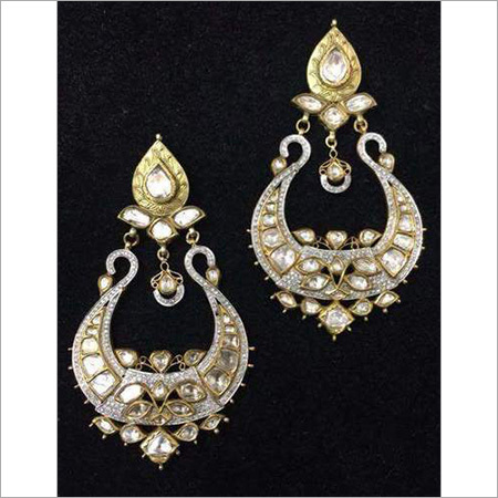 Oval Cut Gold Polki Diamond Chand Bali