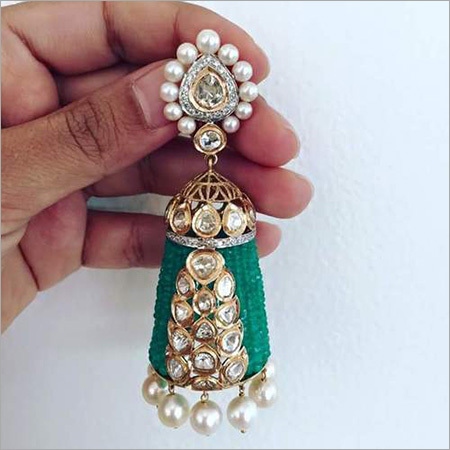 Oval Cut Gold Kundan Diamond Jumka