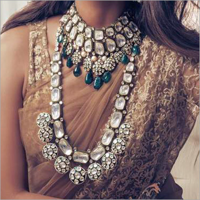 Gold Kundan Meena Jadau Necklace - 100-200 Grams, Green and White Colors | Alluring Design, Skin-Friendly Finish, Perfect for Weddings and Parties