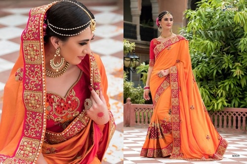 Orange Heavy Bridal Silk Saree - Heavy Embroidery, Hand Work, Resham & Moti Work | Customizable Size 34-46, Matching Designer Blouse with Patch Border & Stone Work