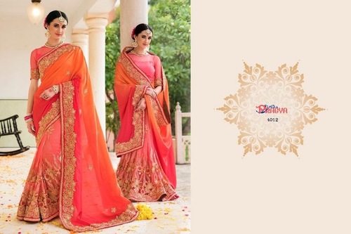 Bridal Pure Silk And Net Saree - Orange And Pink Heavy Embroidery | Customizable Designer Blouse With Hand And Resham Work