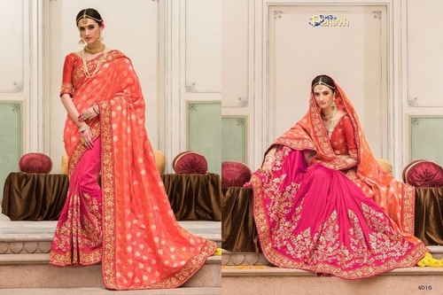 Jaquard Saree - Orange And Magenta Heavy Bridal Design, Embroidery And Hand Work With Matching Dhupian Blouse