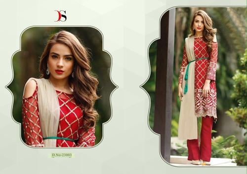 Fashion Designer Party Wear Salwar Suit Kameez - Poly Georgette Top, Santoon Inner, Nazmeen Siffone Dupatta, Red with Embroidered Pattern, Full Sleeves | Washable, Dry Clean Only, Suitable for All Seasons