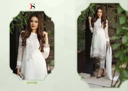 Stylish Designer Party Wear Salwar Suit - Soft Net With Embroidered Polysilk Top, Santoon Bottom, and Nazmeen Siffone Dupatta | White, Full Sleeves, Washable