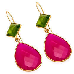 925 Sterling Silver Hot Pink Chalcedony Gold Plated Earring