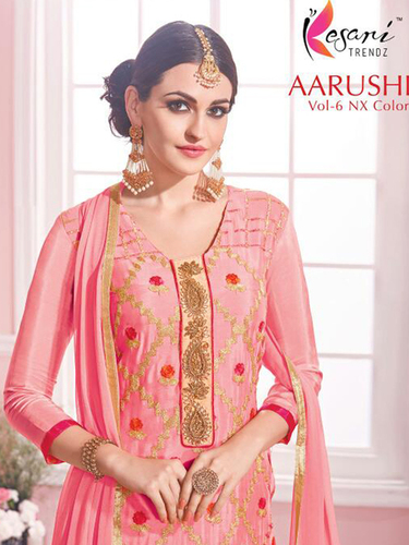 Ethnic Salwar Suit - Georgette Top, Santoon Bottom, Nazneen Dupatta | Anti-Wrinkle, Breathable, Quick Dry, Custom Size, Full Sleeves, Embroidered Pattern