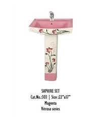 Luxury Wash Basin With Pedestal - Vitreous, 22"x17", Magenta Floral, Square Shape | Alluring Look, Easy Cleaning, Elegant Design, High Durability