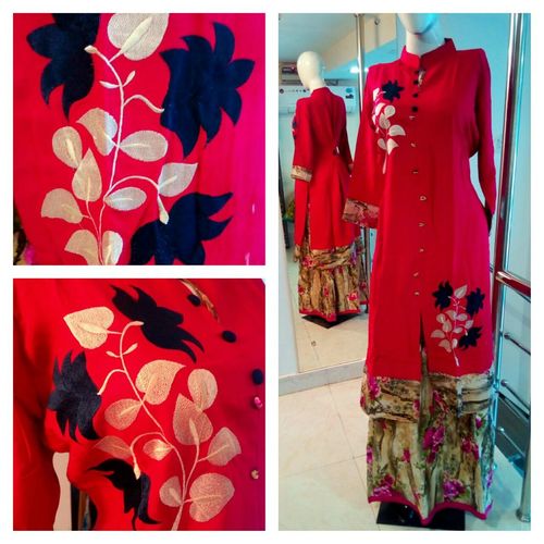 Noor Kurti - Rayon, Free Size, Red | Floral Embroidery, Bhagalpuri Skirt, Comfortable Stylish Design