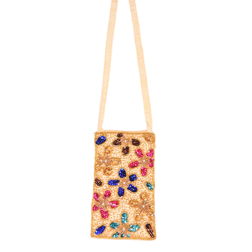 Gold Ladies Beaded Mobile Sling Bag