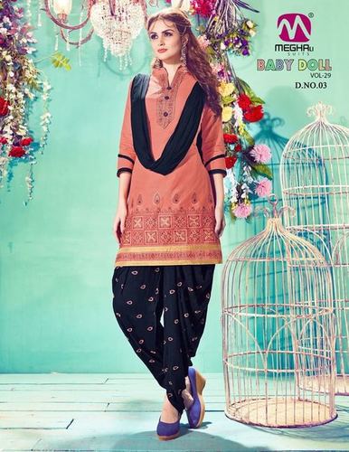 Fashion Designer Party Wear Salwar Suit Kameez - Cotton Fabric, Free Size, Black and Orange, Short Sleeves, Embroidered, Quick Dry, Washable