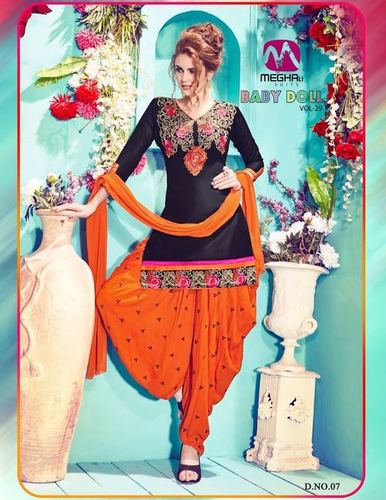 Fashion Designer Party Salwar Kameez Suit - Cotton Top & Bottom Cotton Dupatta Black and Orange Embroidered Pattern Full Sleeves Washable