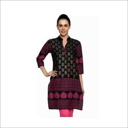 Short Print Kurti - Cotton Chiffon Black Sizes M-XXL | Elegant Designs Sweat Absorption Shrinkage Resistant 3/4 Sleeve