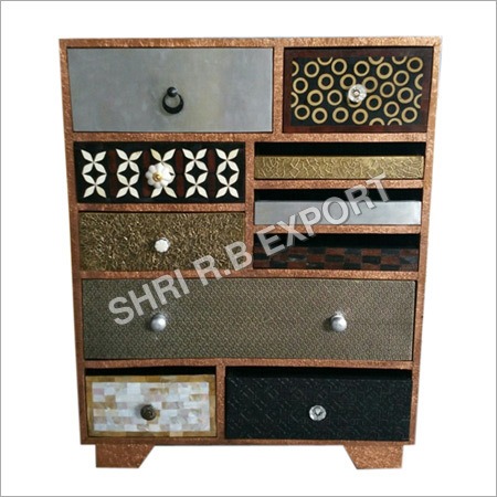 Metal Bone Inlay Drawer - Solid Wood Standard Dimensions Antique Design | Eye-Catchy Aesthetic Durable Build No Assembly Required