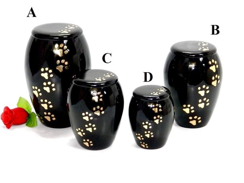 Brass Pet Urns Black Paw Prints - Set of 4 Lidded, Multiple Sizes, Durable Engraved Brass