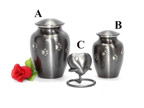 Brass Pet Urns Charcoal Grey - Brass, Set of 3, Engraved Paw Prints, Black Pewter Plated