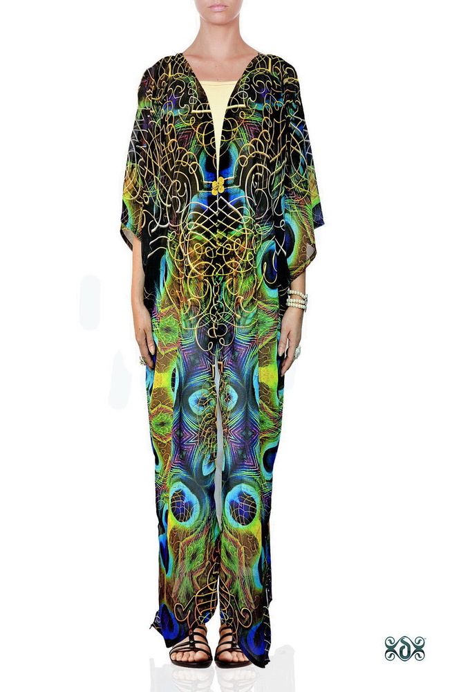 Green Digital Print Long Georgette Kimono Jacket