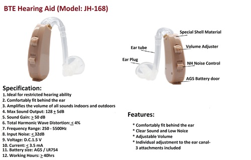 BTE Hearing Aid - Plastic Material Max Sound Output: 128 + 5dB Adjustable Volume Comfortable Fit Behind Ear Includes 3 Canal Attachments