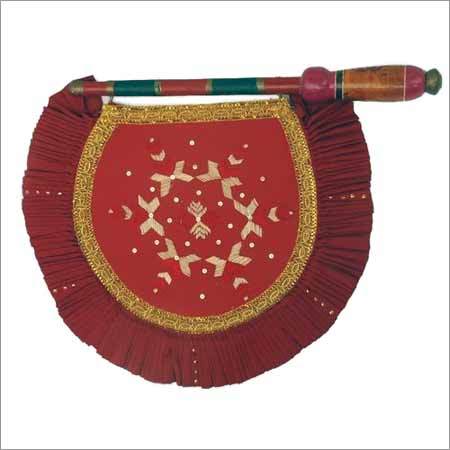 Phulkari Hand Fan - Wood Fabric, 12x8 inches, Red | Embroidered, Hand-Stitched, Wooden Handle, Cultural Heritage