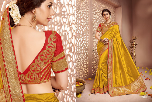 Designer Saree - Silk Fabric, Multi-Color With Embroidered Pattern | Bollywood Style, Stone Work, Lace Closure