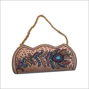 Ladies Beaded Hand Bag - Velvet 10x5 Inch Beige | Hand Embroidered Design Button Closure Ideal for Parties