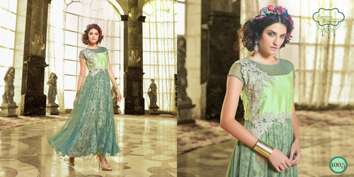 Fancy Dress - Georgette Cotton Blend, Green With Embroidered Stones , Modern Designer Party Style