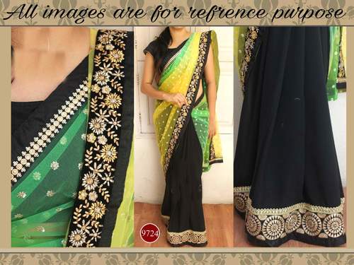 Latest Designer Bollywood Replica Saree - Pure Net Blouse, Approx 6.30 Meter, Green Yellow Black with Embroidery | Short Sleeve, Washable, All Season, Dry Clean, No Fade