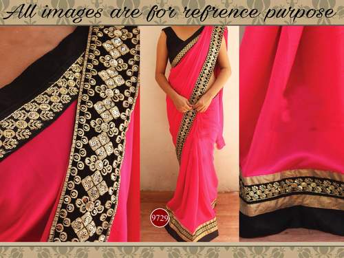 Bollywood Replica Fancy Saree - Georgette Pallu, Bangalori Silk, 6.30 Meter | Pink & Black Embroidered, Sleeveless, Washable, Suitable for All Seasons