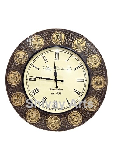 Handcrafted Beautiful Wooden & Brass Horoscope Wall Clock / Wall Decor / Wall Hanging
