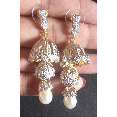 American Diamond Earrings - Alloy, 6cm Size, White Color | Zircon Stone, Silver Plated, Perfect for Engagements and Weddings