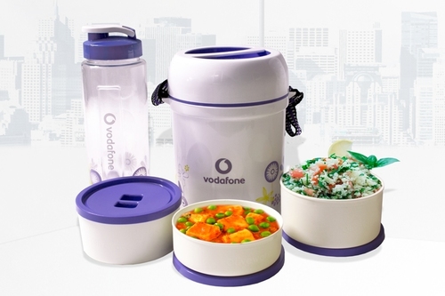 Lunch Box With Three Container - Plastic, 5 Inch Round Cylinder | Versatile For Food Storage, Personalized Logo Options Available