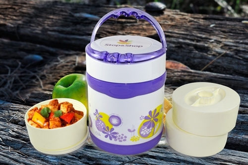 Plastic Lunch Box - Plastic, 6 Inch, White and Purple | Handy Design with Three Plastic Containers for Easy Food Storage