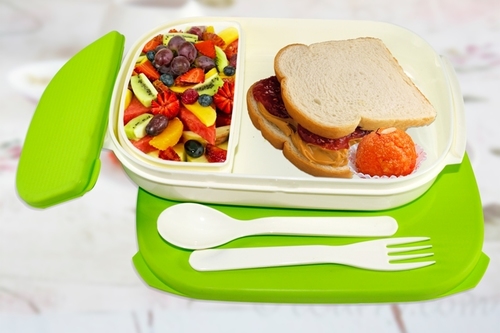 Kid Lunch Box - Plastic, 5 Inch Square | Green and White Color, Includes Fork, Spoon, and One Container for Kids' Meals