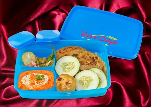 Children Lunch Box - Plastic, 5 Inch Square, Blue | Handy Design with 2 Containers for Eating and Storing Food