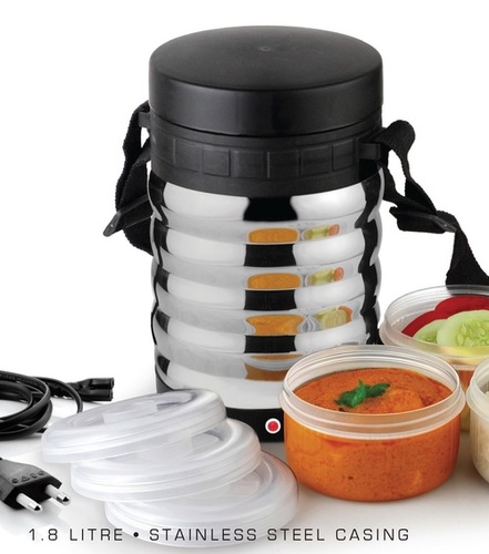 Spiral Electric Lunch Box - Stainless Steel, 8 Inch Silver Cylinder with Three Plastic Containers | Handy Design for Eating Food