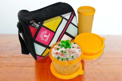 Softline Lunch Bag - Plastic | 4 Inch Handy Square Design with Yellow Color, 1 Big Round + 2 Small Containers + 1 Tumbler for Food Storage