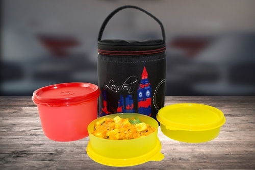 Softline Lunch Box - Plastic, 5 Inch Size | Red and Yellow, Handy Design with 1 Big + 2 Small Round Containers for Food Storage