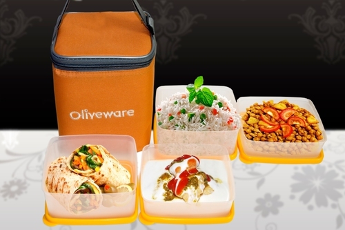 Softline Lunch Bag - Plastic, 4 Inch Size | Yellow, Trendy Design with 2 Medium + 2 Small Containers for Convenient Food Storage