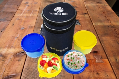 Lunch Bag - Plastic 6 Inch | Cylindrical Shape Yellow and Blue Includes 4 Round Containers