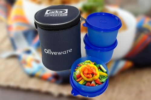 Lunch Bag with One Container - Plastic 4 Inch Size Blue Color Handy Design with 2 Big + 1 Small Round Containers for Convenient Food Transport