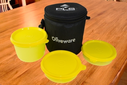 Promotional Lunch Box - Plastic, 4 Inch Size, Yellow Color | Handy Design with 1 Big + 2 Small Round Containers for Convenient Food Storage
