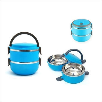 Insulated Double Layer Lunch Box - Stainless Steel Interior, 4 Inch Cylinder, Blue | Elegant Design, Insulated, Detachable Second Layer, Side Locks for Safety, Easy-Carry Handles