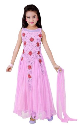 FANCY KIDS GOWNS - Soft Net Material, Semi-Stitched for Custom Fit Up to 12 Years, Pink Color, Embroidered Pattern, Cool Dry Feature | Perfect for Marriages, Birthdays & Festivals