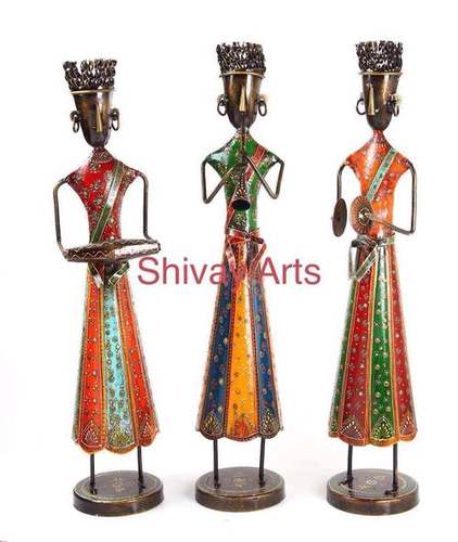 Metal Handcrafted Colorful Long Tribal Musicians Showpiece Figurines Home Decor - Set Of 3