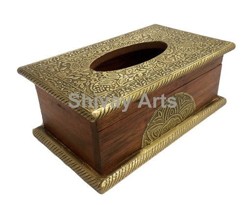Wooden & Brass Handcrafted Tissue Box / Holder / Dispenser